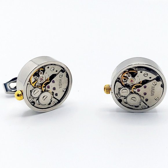Functional Men's Brushed Steel Gold & Silver Watch Movement Cufflinks Links Time - Picture 6 of 7